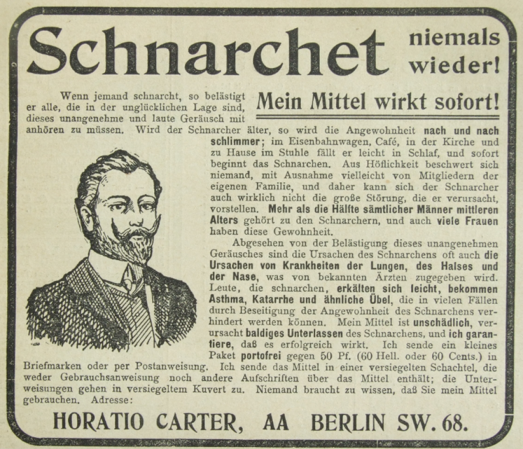 Schnarchen Wundermittel Horatio Carter 1906
